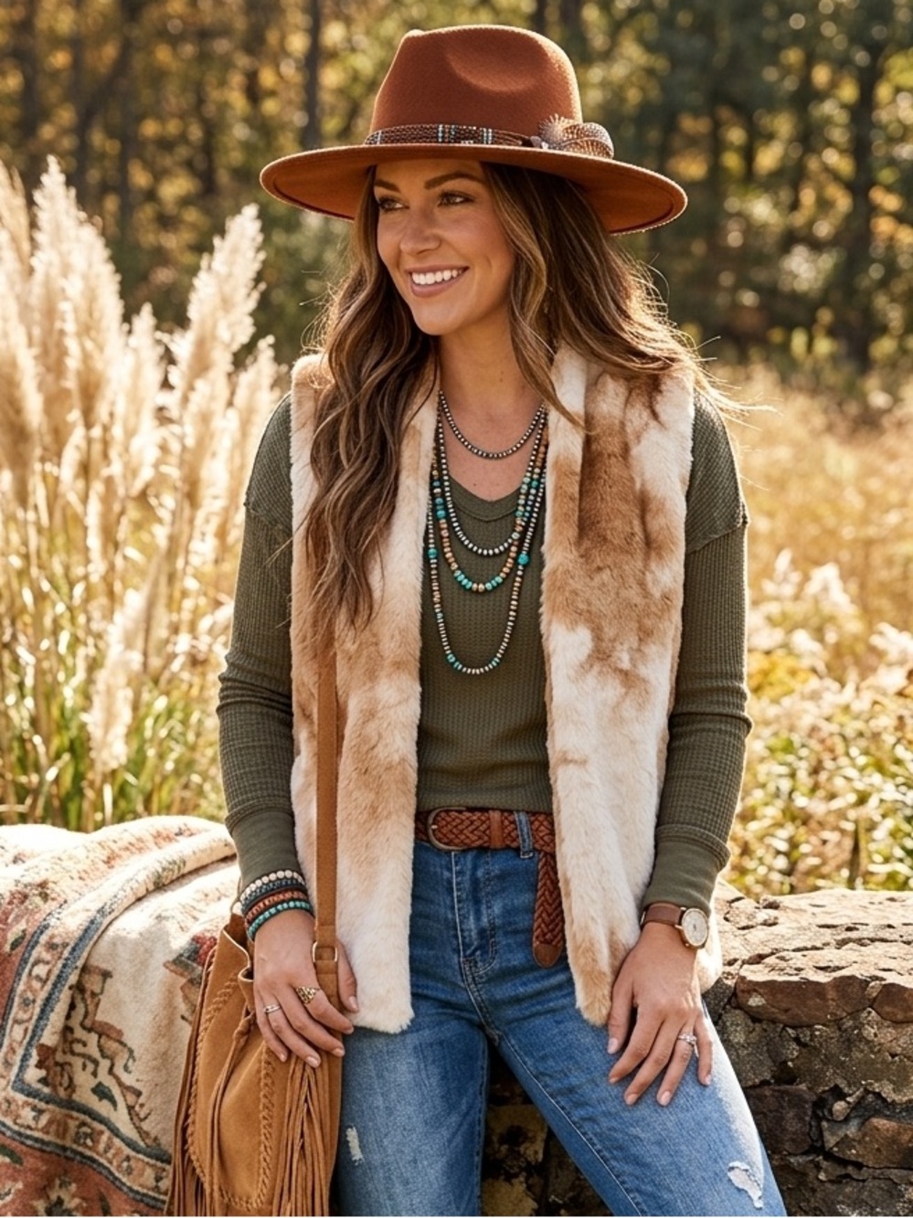 Entro | Cow Print Fuzzy Layering Vest With Pockets Camel Tan Cream New Small